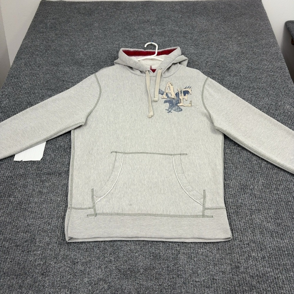 American Eagle Hoodie Mens M Gray Cotton Fleece Logo Pullover Casual Streetwear